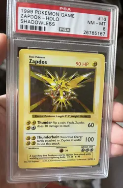 1999 Pokemon Zapdos Base Set Shadowless Holo Rare #16 PSA 8 WoTC - Image 1