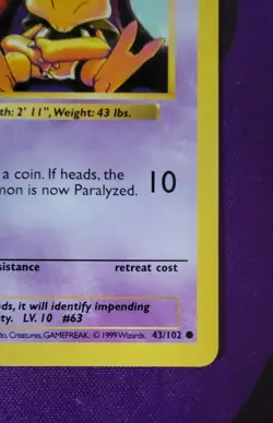 Abra #43/102 1st Edition Shadowless Base Pokemon TCG - Image 5