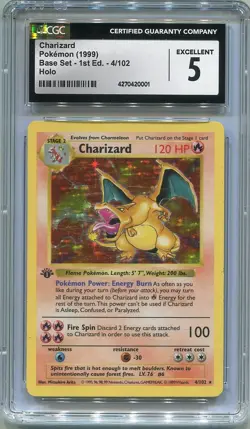 1999 Pokemon Charizard CGC 5 Base Set Holo 4/102 1st Edition First Base Set RARE - Image 1