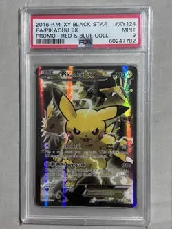 POKEMON 2016 XY124 Black Star Promo PIKACHU EX Red & Blue Collection PSA 9 - Image 1