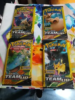 Pokemon Sun & Moon Team Up 3 Card Booster Pack - Complete Art Set of 4 Packs - Image 1