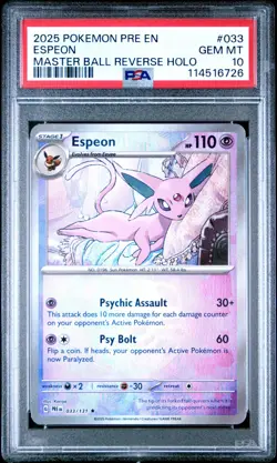 2025 POKEMON PRE EN-PRISMATIC EVOLUTIONS #033 ESPEON MASTER BALL REVERSE PSA 10 - Image 1