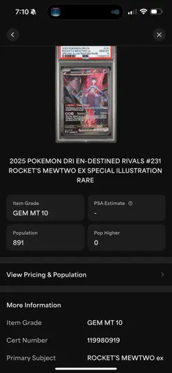 Team Rocket's Mewtwo ex 231/182 SIR Destined Rivals Pokemon 2025 GEM MINT PSA 10 - Image 3