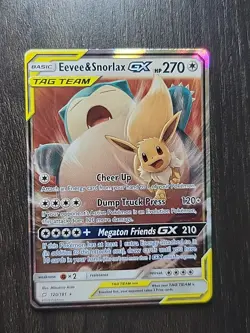 PokÃ©mon TCG Eevee Snorlax GX Holo Ultra Rare Card Sun & Moon Team Up 120/181 - Image 1