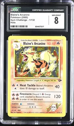 CGC 8 Blaine's Arcanine 2000 Gym Challenge 1/132 Holo Pokemon Card psa - Image 3