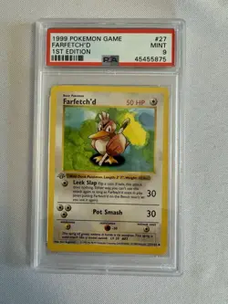1999 Pokemon 1st Edition Shadowless Farfetchâ€™d Base Set 27/102 PSA 9 GREY STAMP! - Image 1