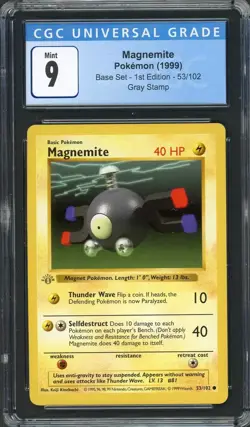 CGC 9 Magnemite (1st Ed.) (Gray Stamp Error) Base Set 53/102 Pokemon Card B19 - Image 1