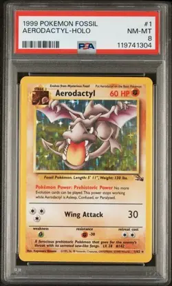 Aerodactyl PSA 8 NEW CERT Unlimited Fossil 1/62 Pokemon TCG Holo - Image 1