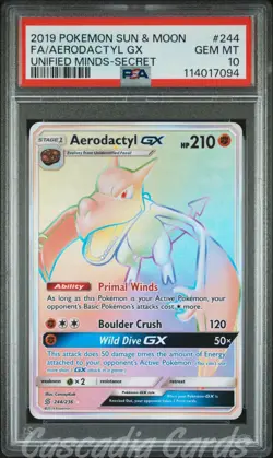 PSA 10 Aerodactyl GX Secret Rainbow Full Art 244/236 Unified Minds Pokemon - Image 1