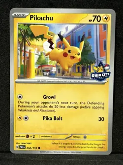Pokémon Pikachu Rain City Showcase Promo Stamped Card EXCLUSIVE Charizard sleeve - Image 2