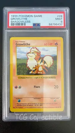 PSA 9 MINT Growlithe 28 SHADOWLESS 1999 BASE Set WOTC Pokemon Card - Image 3