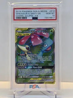 2019 POKEMON SUN & MOON COSMIC ECLIPSE #210 VENUSAUR & SNIVY GX PSA 10 - Image 1