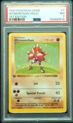 1st Edition Shadowless Hitmonchan 7/102 Base Set Pokemon Card PSA 7 Super Clean - Image 1