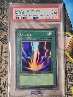 PSA 9 MIN 2002 Raigeki Legend of Blue Eyes White Dragon Super Rare MAGIC LOB-053 - Image 1