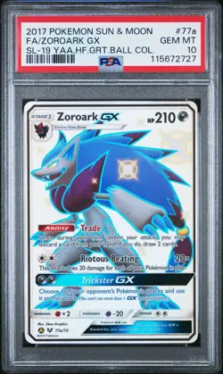 2017 POKEMON S&M SHINING LEGENDS #77a FA/ZOROARK GX SL-19 YAA.HF.GRT.BALL PSA 10 - Image 1