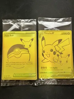 Pokémon Celebrations Gold Pikachu V/Gold Poke Ball/Pin/Coin NM - Image 11