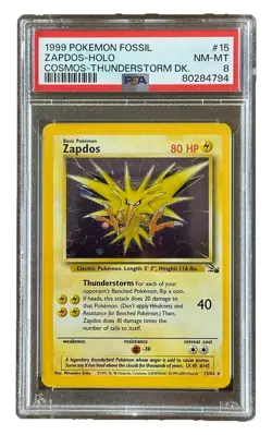 1999 POKEMON FOSSIL COSMOS-THUNDERSTORM DECK #15 ZAPDOS HOLO PSA 8 - Image 1