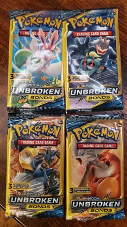 Pokemon Sun & Moon Unbroken Bonds 3 Card Mini Booster Pack - 4 Packs - Art Set - Image 1