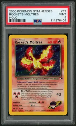 2000 Pokemon Gym Heroes Rocket's Moltres Unlimited Holo Rare 12/132 PSA 9 - Image 1