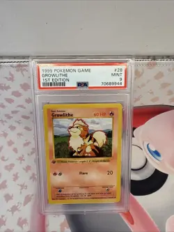 Pokemon PSA 9 MINT Growlithe 1st Edition Shadowless Base Set 1999 Card 28/102 - Image 1