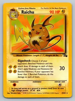 Raichu 29/62 MP Non Holo Rare Unlimited Fossil Pokemon Card! - Image 1