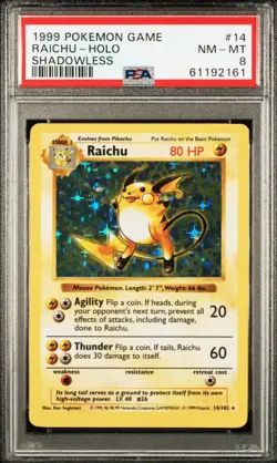 1999 Pokemon Base Set Shadowless Raichu #14 English Holo 14/102 - PSA 8 NM-MT - Image 1