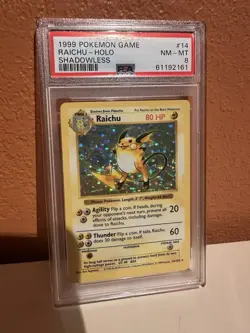 1999 Pokemon Base Set Shadowless Raichu #14 English Holo 14/102 - PSA 8 NM-MT - Image 3