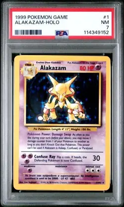 1999 Pokemon PSA 7 NM BASE SET Unlimited Basic ALAKAZAM Holo 1/102 Rare Holofoil - Image 3