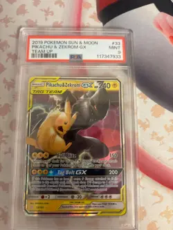 2019 POKEMON SUN & MOON TEAM UP #33 PIKACHU & ZEKROM GX PSA 9 - Image 1