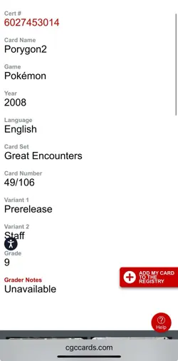 2008 POKEMON GREAT ENCOUNTERS - PRERELEASE - STAFF #49/106 PORYGON2 CGC 9 - Image 9