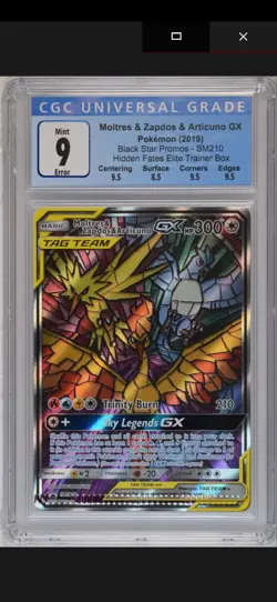 Moltres & Zapdos & Articuno GX CGC Mint 9 Graded Pokemon Card Crimp Miscut Error - Image 1
