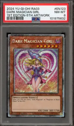 Yu-Gi-Oh! Dark Magician Girl 1st Ed 5th Artwork Platinum Secret RA03-EN123 PSA 8 - Image 1