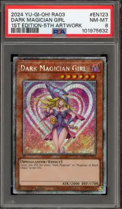 Yu-Gi-Oh! Dark Magician Girl 1st Ed 5th Artwork Platinum Secret RA03-EN123 PSA 8 - Image 3