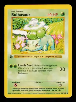 Pokemon Card Bulbasaur 44/102 1st Edition Shadowless Base Set Vintage MP 1999 - Image 1
