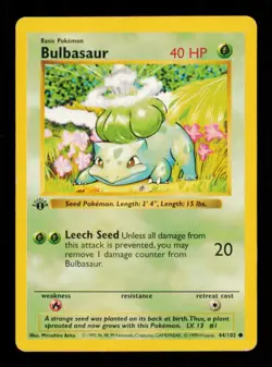 Pokemon Card Bulbasaur 44/102 1st Edition Shadowless Base Set Vintage MP 1999 - Image 3