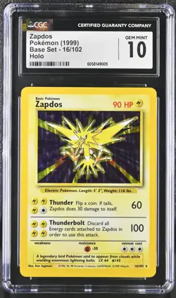 1999 Pokemon Base Set Zapdos Holo 16/102 - GEM MINT 10 CGC 10 - Image 1