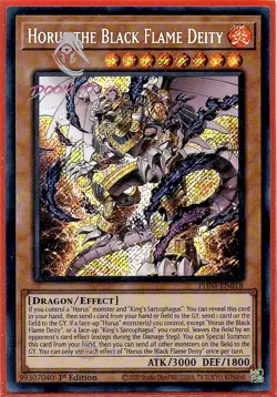Yugioh! Horus the Black Flame Deity PHNI-EN018 (SCR) 1st Ed "Horus Deck Support” - Image 1
