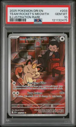 2025 POKEMON DESTINED RIVALS ILLUSTRATION RARE #203 TEAM ROCKET'S MEOWTH PSA 10 - Image 1