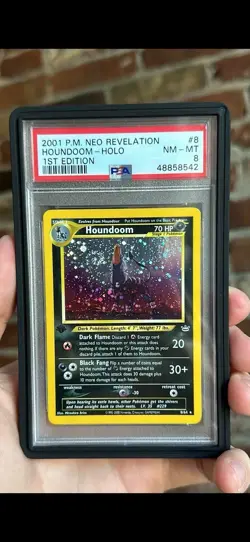Pokemon Houndoom Neo Revelation 1st Edition Double Holo Error #8 PSA 8 - SWIRL - Image 1