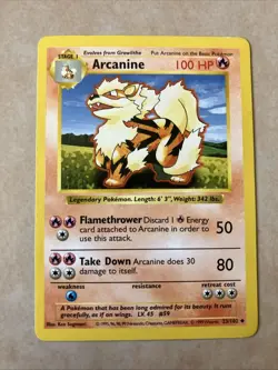 1999 Pokémon TCG Base Set Shadowless Arcanine Card #23/102 Light Play Condition - Image 1