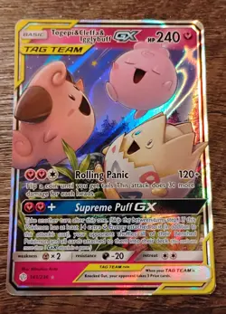 Togepi & Cleffa & Igglybuff Tag Team GX HoloFoil Card 143/236 w/  Pokemon sleeve - Image 1