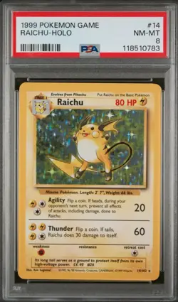1999 Pokemon Base Set Raichu #14 English Holo Rare 14/102 - PSA 8 NM-MT - Image 1