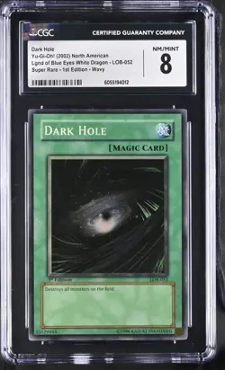 YuGiOh Legend Of Blue Eyes LOB-052 Dark Hole 1st edition Super Rare Wavy CGC 8 - Image 1