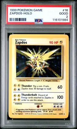 1999 Base Set Zapdos 16/102 Holo Pokemon Card PSA 2 - Image 1