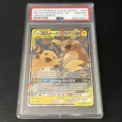 PSA 10 Gem Mint 2019 Pokemon Raichu & Alolan Raichu GX 54/236 Unified Minds - Image 1
