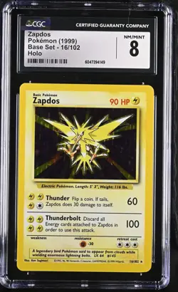 CGC 8 Zapdos 1999 Base Set 16/102 Holo Pokemon Card psa - Image 1