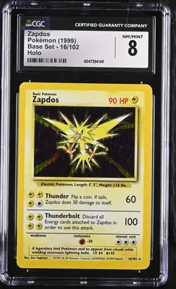 CGC 8 Zapdos 1999 Base Set 16/102 Holo Pokemon Card psa - Image 3