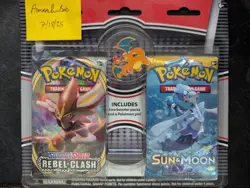 Pokemon Sun & Moon/Rebel Clash Dual Booster Blister Pack with Charizard Pin - Image 1