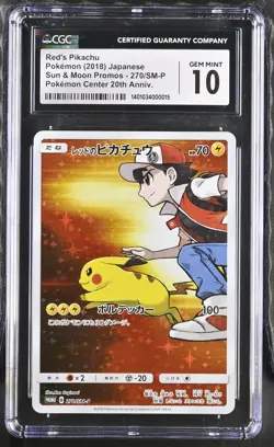 CGC 10 GEM MINT Red's Pikachu 270/SM-P Center's Promo Holo Pokemon Card - Image 1