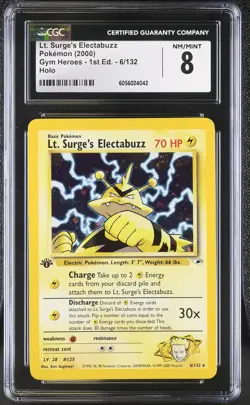 CGC 8 Lt. Surge's Electabuzz Gym Heroes 1st Edition 6/132 Holo Pokemon Card psa - Image 1